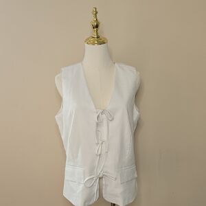 Luvamia White Linen Blend Vest – Sleeveless Tie Front Summer Layer Medium